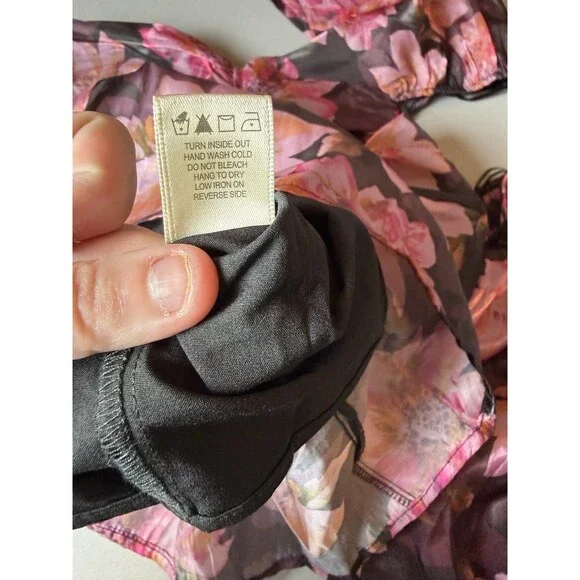 Nasty Gal Floral Smocked Peplum Blouse XS Sheer Long Sleeve Pink & Black - Picture 9 of 10